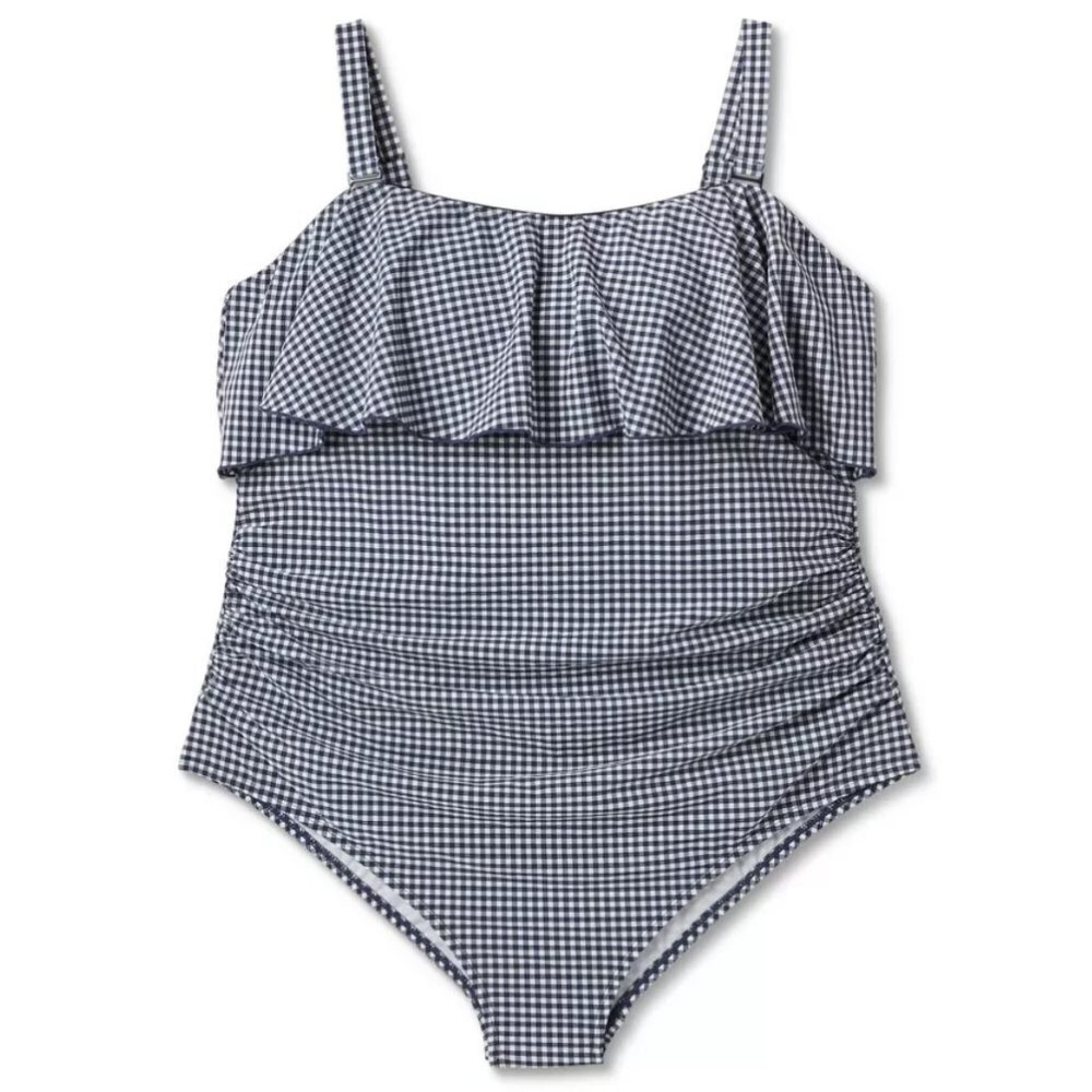 Kona Sol Blue Bandeau Flounce Front Ruched High Coverage 1-Piece Swimsuit Size L - Picture 3 of 11